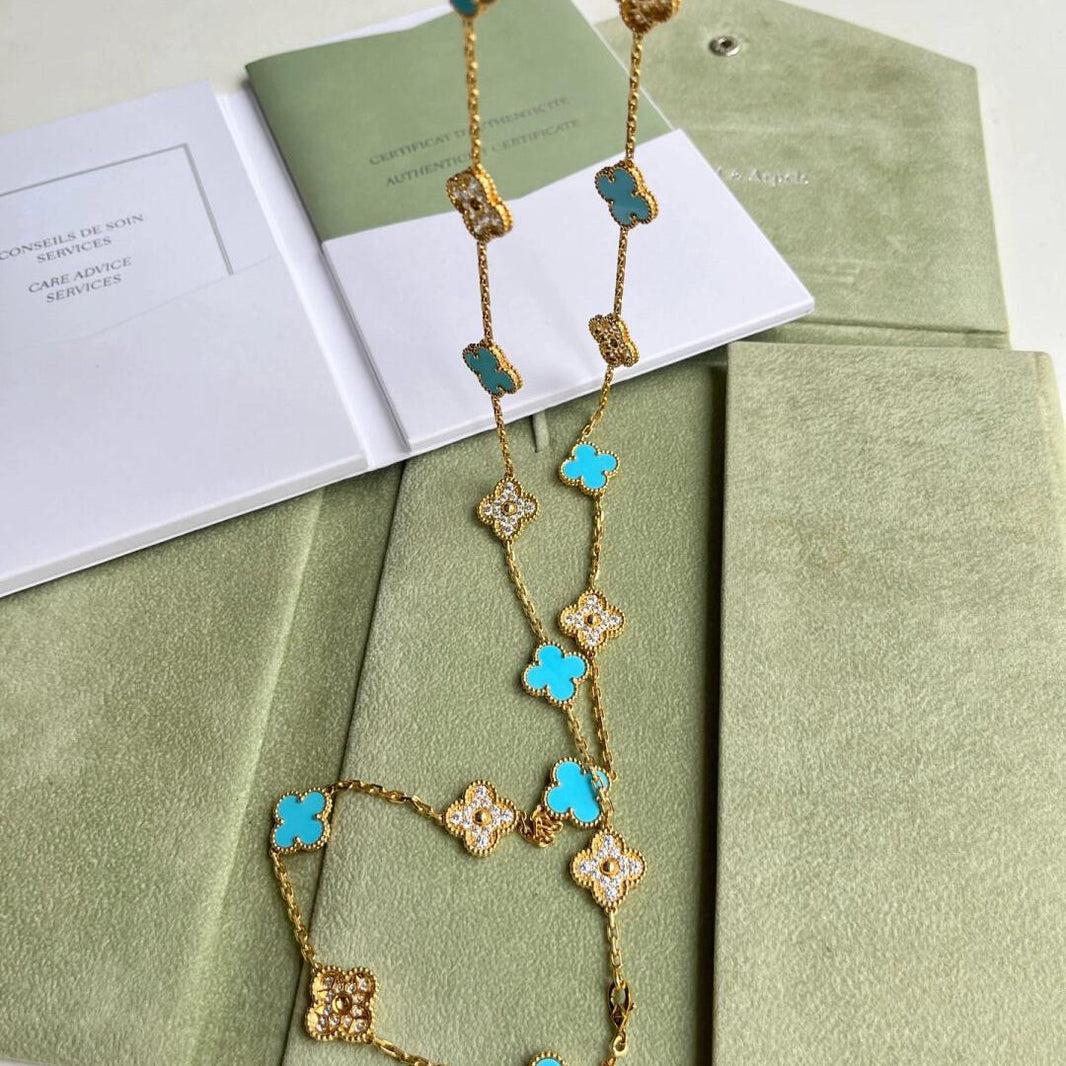[Luna Brilliance]CLOVER 20 MOTIFS TURQUOISE DIAMOND NECKLACE