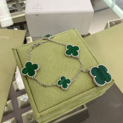 [Luna Brilliance]CLOVER 5 MOTIFS SIVLER MALACHITE BRACELET
