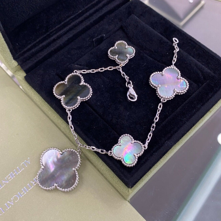[Luna Brilliance]CLOVER 5 MOTIFS SIVLER DARK MOP BRACELET