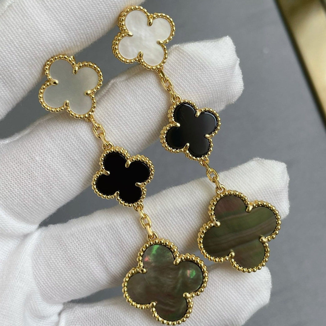 [Luna Brilliance]CLOVER 3 MOTIF MOP ONYX DARK MOP PINK GOLD EARRINGS