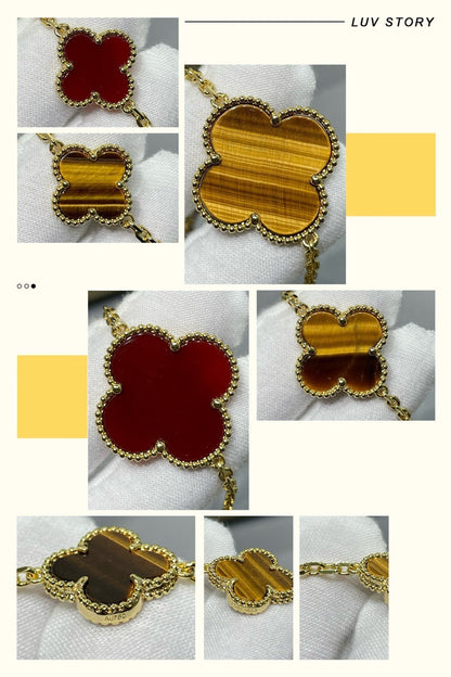 [Luna Brilliance]CLOVER 16 MOTIF CARNELIAN TIGER EYE ROSE GOLD NECKLACE