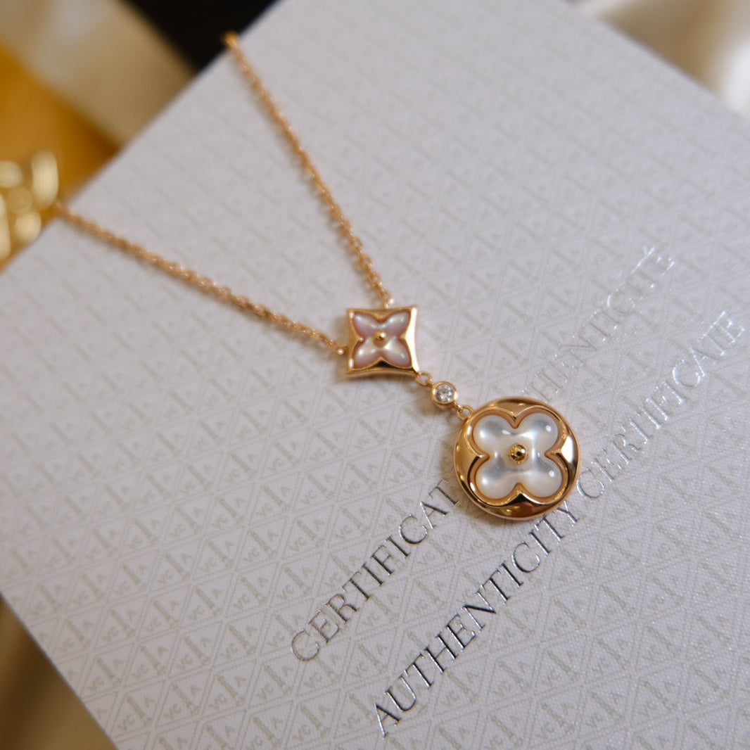[Luna Brilliance]STAR AND SUN WHITE MOP 2 MOTIF PINK GOLD NECKLACE