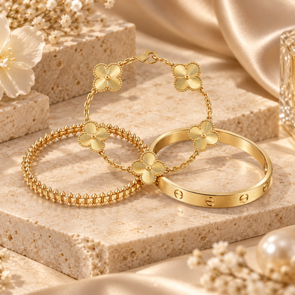 [Luna Brilliance] CLASH & Clover Laser 5-Motif & LOVE Brushed Bracelet Stack Set
