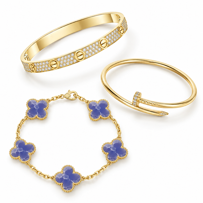 [Luna Brilliance] LOVE & JUSTE & Blue Veins Clover 5-Motif Diamond Bracelet Stack Set