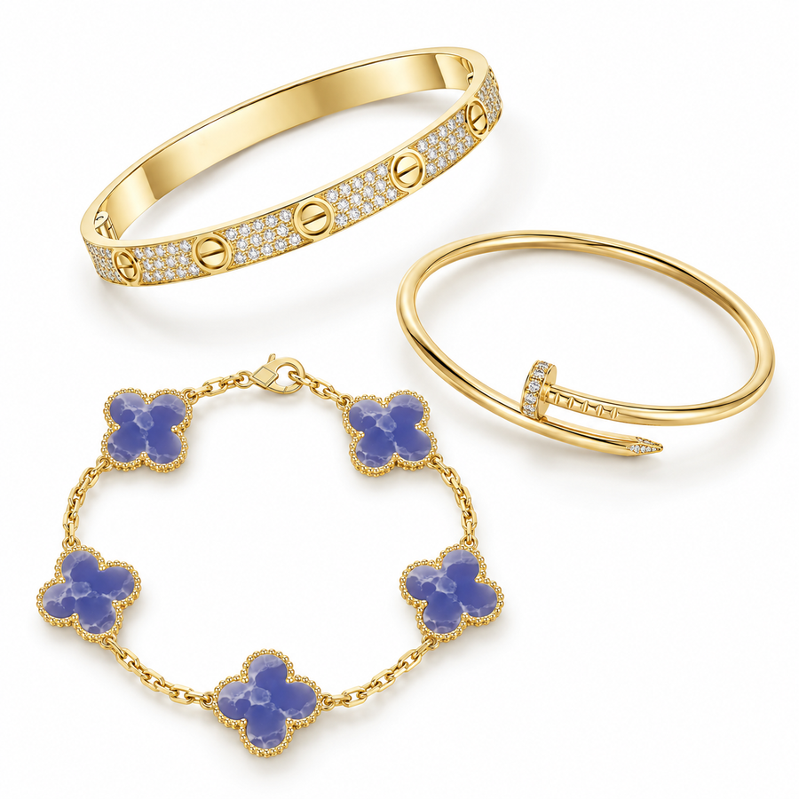 [Luna Brilliance] LOVE & JUSTE & Blue Veins Clover 5-Motif Diamond Bracelet Stack Set