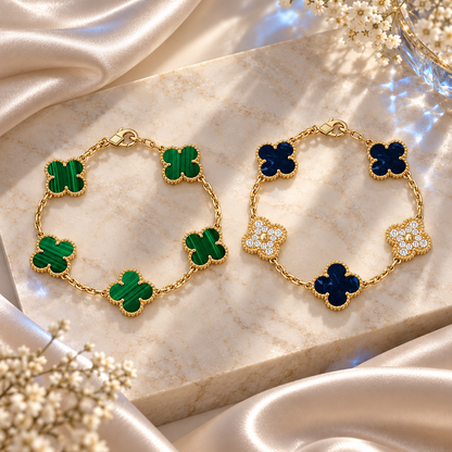 [Luna Brilliance]Clover 5-Motif Malachite & Pietersite Bracelet Stack Set