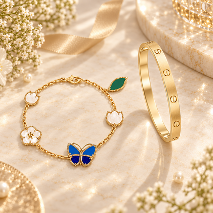 [Luna Brilliance] LOVE Brushed & Lucky Spring Butterfly 5-Motif Bracelet Stack Set