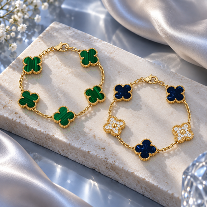 [Luna Brilliance]Clover 5-Motif Malachite & Pietersite Bracelet Stack Set