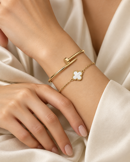 [Luna Brilliance] Clover White Mother-of-Pearl & JUSTE Bracelet Stack Set