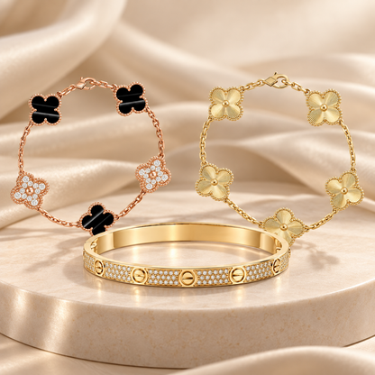 [Luna Brilliance]Clover Laser  Pulsar Stone 5-Motif & LOVE Diamond-Paved Bracelet Stack Set
