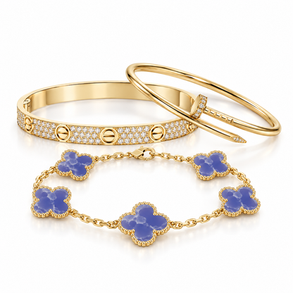 [Luna Brilliance] LOVE & JUSTE & Blue Veins Clover 5-Motif Diamond Bracelet Stack Set