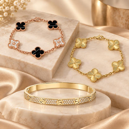 [Luna Brilliance]Clover Laser  Pulsar Stone 5-Motif & LOVE Diamond-Paved Bracelet Stack Set