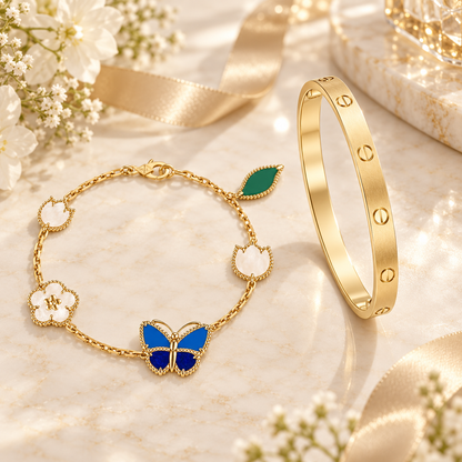 [Luna Brilliance] LOVE Brushed & Lucky Spring Butterfly 5-Motif Bracelet Stack Set