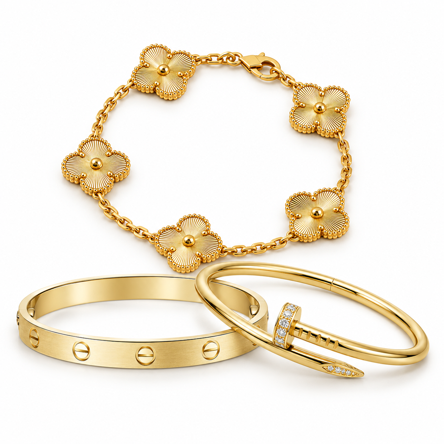 [Luna Brilliance] Clover & Love & Juste 3-Piece Gold Bracelet Stack Set