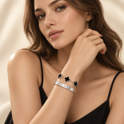 [Luna Brilliance]Clover & Love Sliver 2-Piece Bracelet Stack Set