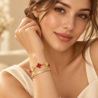 [Luna Brilliance]Clover & Love Diamond-Paved Radiant Line 2-Piece Bracelet Stack Set