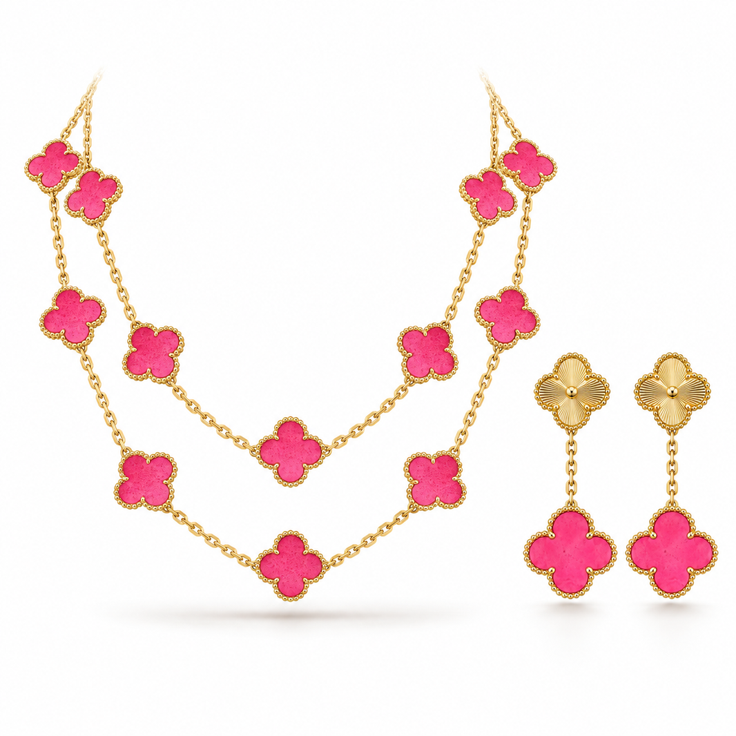 [Luna Brilliance]Clover Pink Enamel Necklace & Earring Jewelry Set