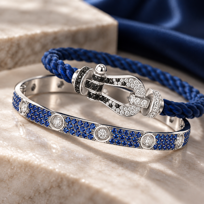 [Luna Brilliance]Pave Gemstone Love &Force Large Horseshoe Diamond Duo Bracelet Stack Set