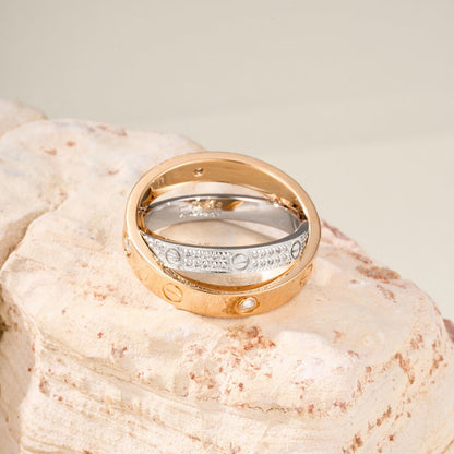 [Luna Brilliance] LOVE PINK GOLD SILVER DIAMOND DOUBLE RING