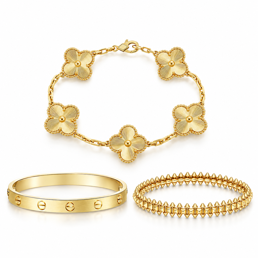 [Luna Brilliance] CLASH & Clover Laser 5-Motif & LOVE Brushed Bracelet Stack Set