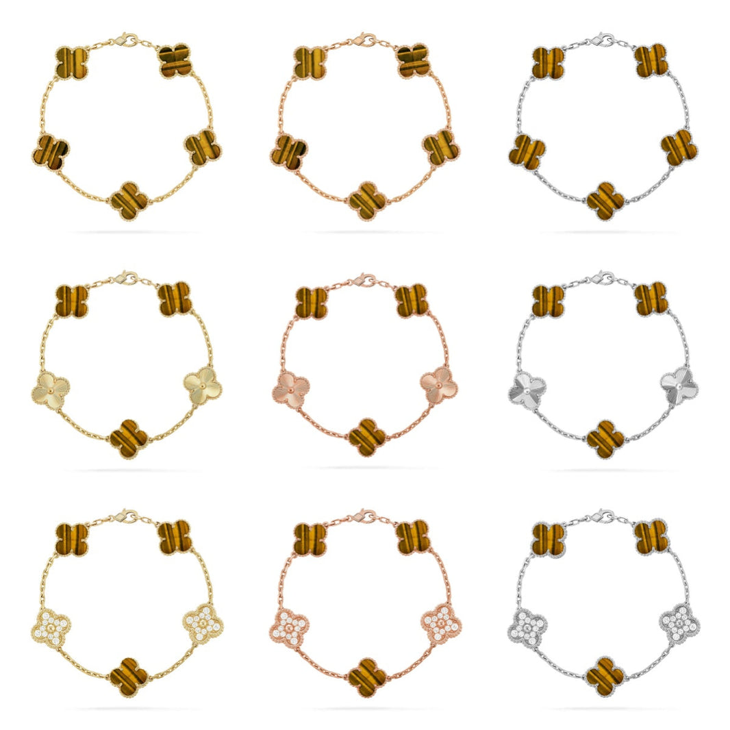 [Luna Brilliance] CLOVER 5 MOTIFS TIGER EYE BRACELET COLLECTION
