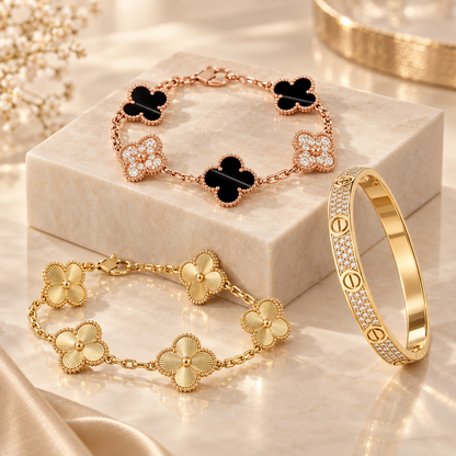 [Luna Brilliance]Clover Laser  Pulsar Stone 5-Motif & LOVE Diamond-Paved Bracelet Stack Set