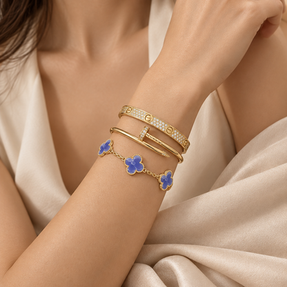 [Luna Brilliance] LOVE & JUSTE & Blue Veins Clover 5-Motif Diamond Bracelet Stack Set