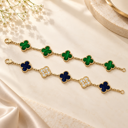 [Luna Brilliance]Clover 5-Motif Malachite & Pietersite Bracelet Stack Set