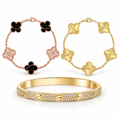 [Luna Brilliance]Clover Laser  Pulsar Stone 5-Motif & LOVE Diamond-Paved Bracelet Stack Set
