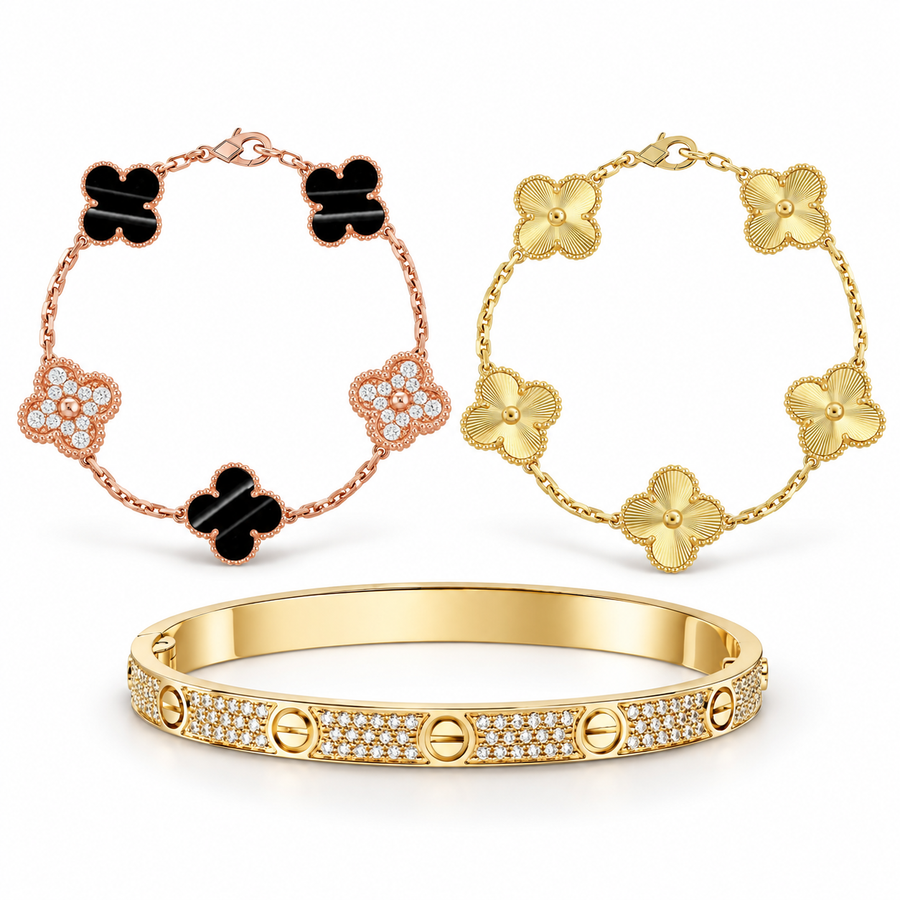 [Luna Brilliance]Clover Laser  Pulsar Stone 5-Motif & LOVE Diamond-Paved Bracelet Stack Set