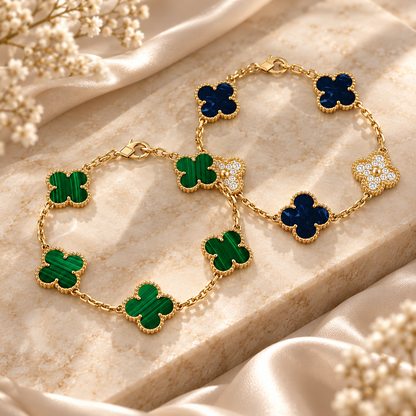 [Luna Brilliance]Clover 5-Motif Malachite & Pietersite Bracelet Stack Set