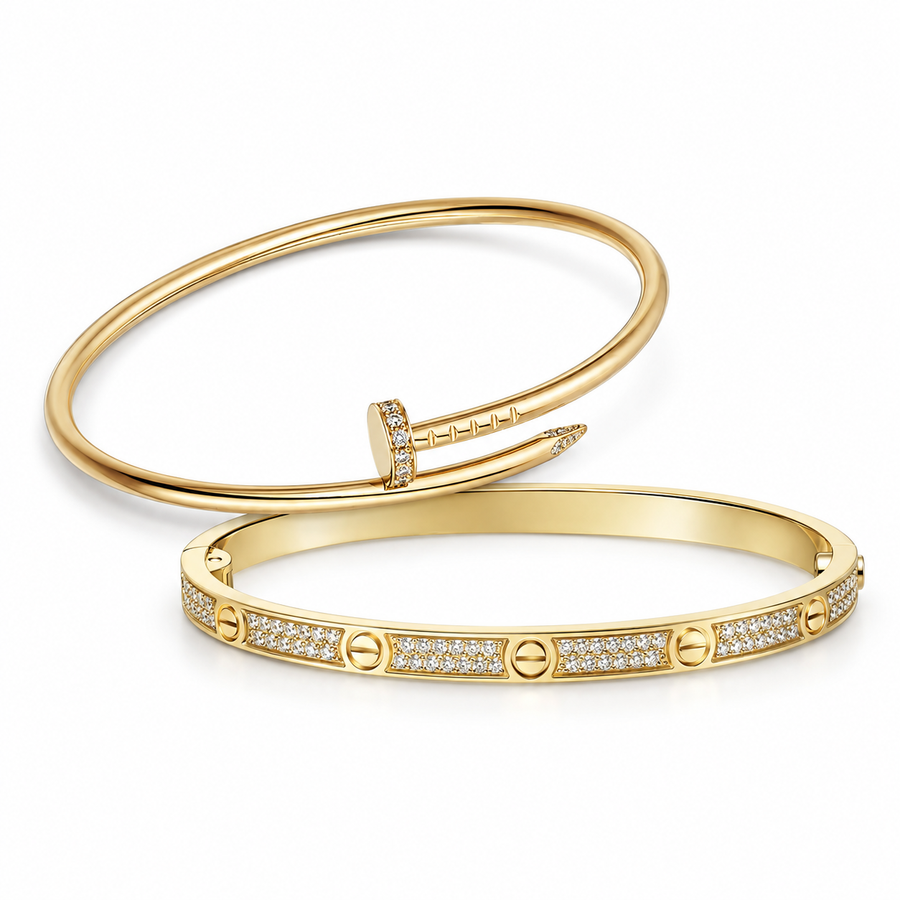 [Luna Brilliance] JUSTE Diamond & LOVE Diamond-Paved Bracelet Stack Set