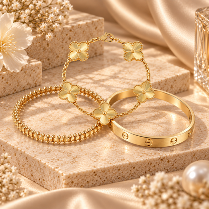 [Luna Brilliance] CLASH & Clover Laser 5-Motif & LOVE Brushed Bracelet Stack Set