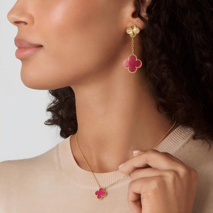 [Luna Brilliance]Clover Pink Enamel Necklace & Earring Jewelry Set