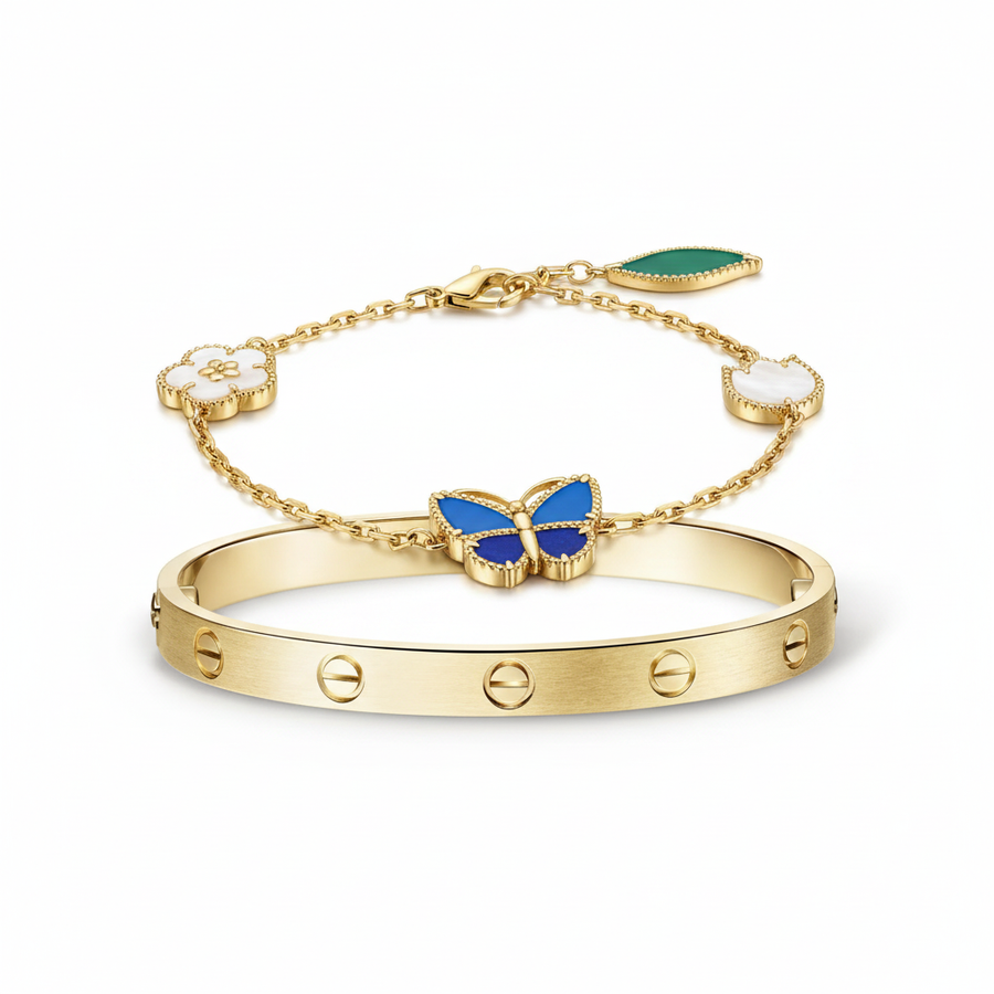 [Luna Brilliance] LOVE Brushed & Lucky Spring Butterfly 5-Motif Bracelet Stack Set