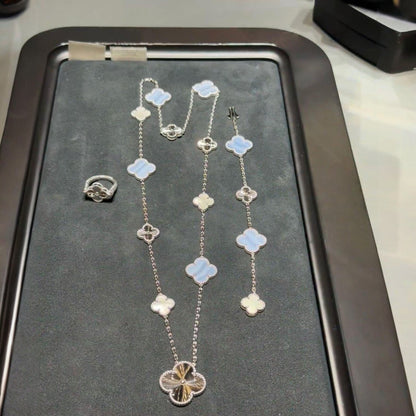 [Luna Brilliance]DETACHABLE CLOVER 15(11+4) FLOWER SILVER NECKLACE SET